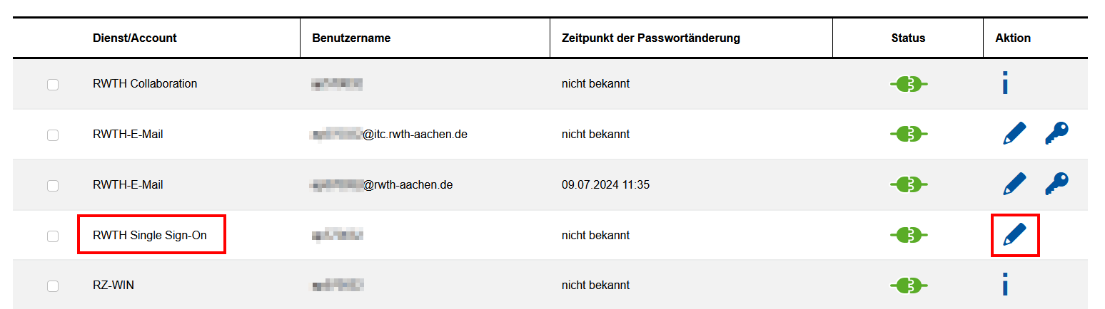 Screenshot der "Accountübersicht". Ihre Accounts werden in einer Tabelle aufgelistet. In der Spalte "Dienst/Account" finden Sie das Single Sign-On. Nach dem Status wird der Link zur Single Sign-On-Übersicht ausgelesen (keine Bild- oder Linkbeschreibung).