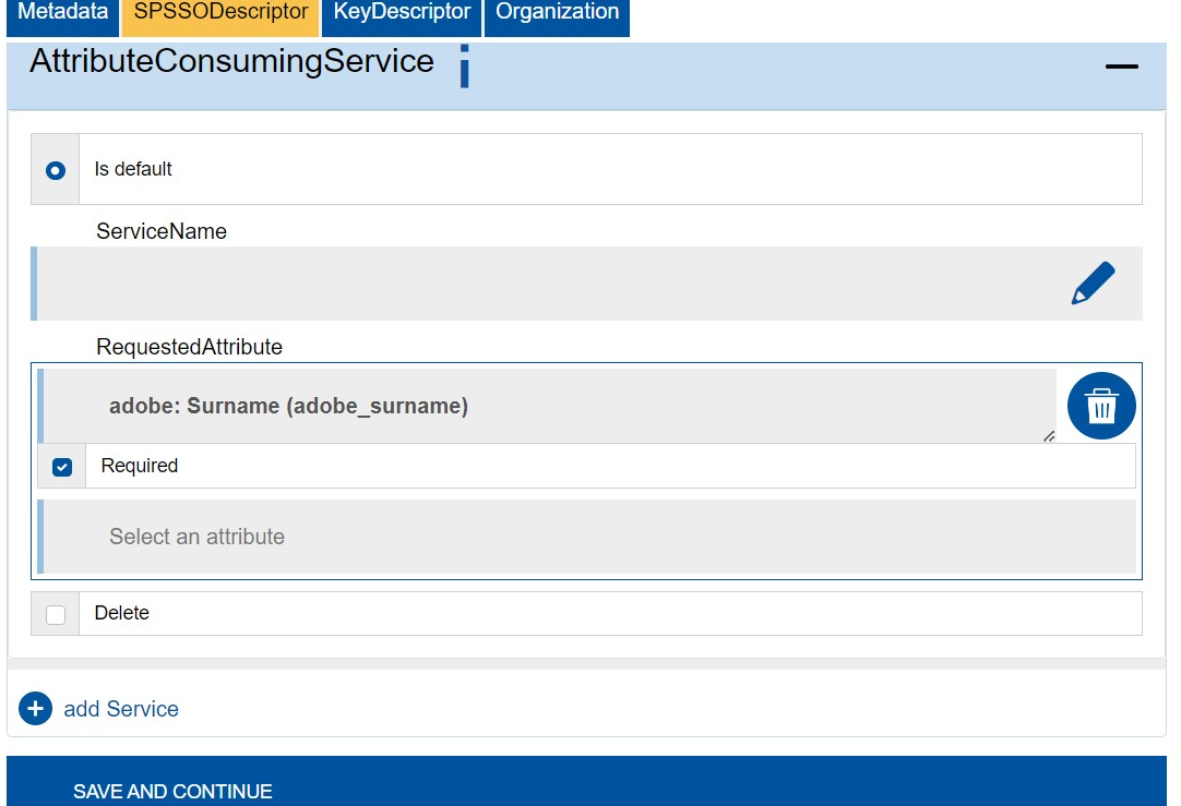 Screenshot of the SPSSODescriptors tab in the “AttributeConsumingService” section. You can enter the ServiceName and RequestedAttribute.