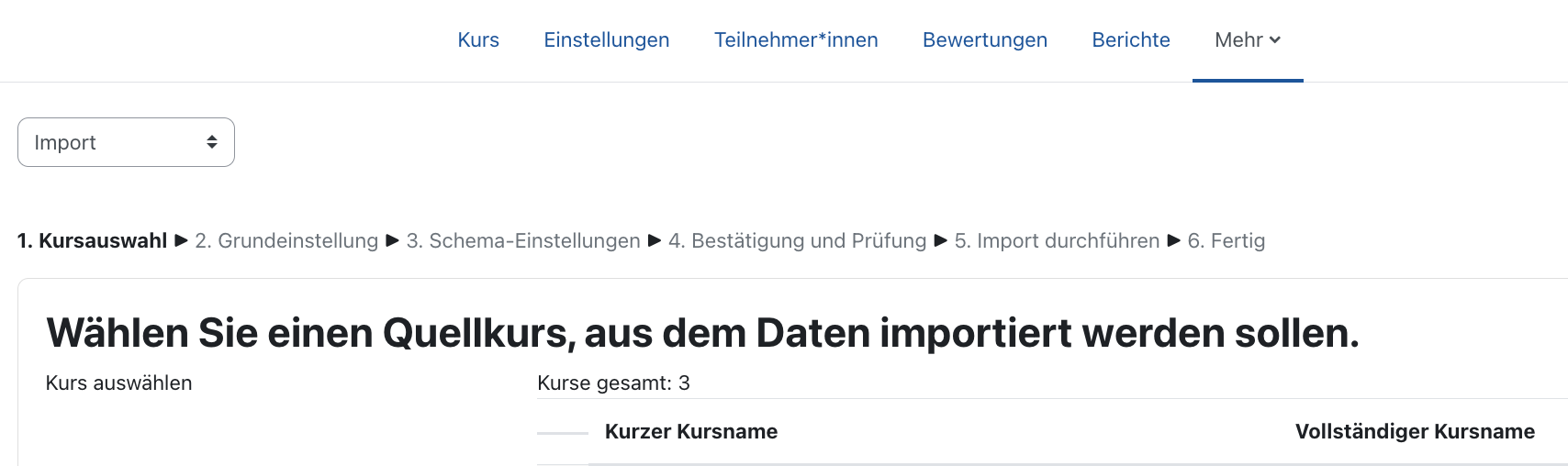 Auswahl von "Import" im Dropdownmenü Auswahl von "Import" im Dropdownmenü