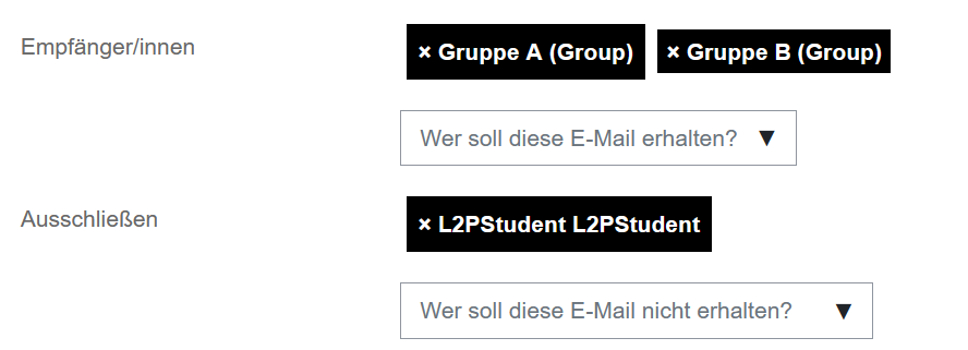 Quickmail beim Versenden von E-Mails im Kurs Das Bildschirmfoto zeigt einen Quickmail-Dialog zum Versenden von E-Mails im Kurs. Neben "Empfänger/innen" ist die Auswahl "Gruppe A (Group)" und "Gruppe B (Group) zu sehen, beide können mit einem Klick auf ein kleines Kreuz vor dem Namen gelöscht werden. Darunter ist das Dropdown-Menü "Wer soll diese E-Mail erhalten?". Neben dem Begriff "Ausschließen" ist "L2PStudent" als beispielhafte Person abgebildet, auch hier kann der Eintrag mit dem Klick auf das kleine Kreuz entfernt werden. Mit dem Dropdown-Menü "Wer soll diese E-Mail nicht erhalten?" kann die Auswahl ergänzt werden.