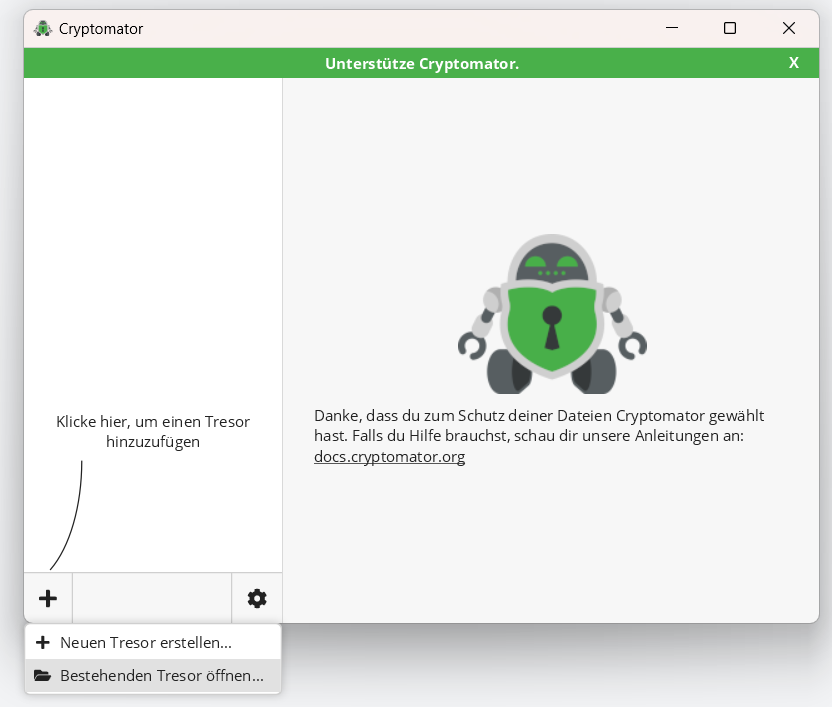 Screenshot des Startbildschirms der Cryptomator App. Unten links ist das Tresor-Menü ausgeklappt.
