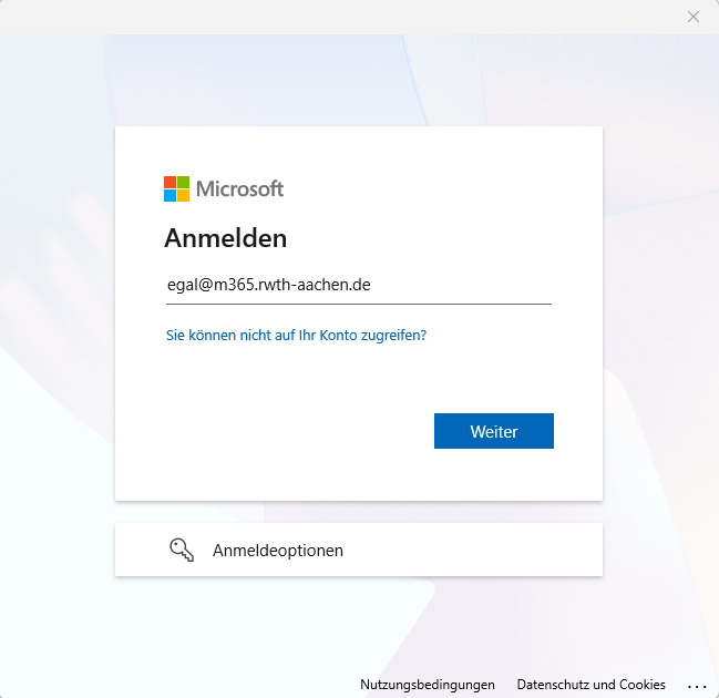 Der Anmeldedialog für den Microsoft-Account. Die Maske hat den Titel "Anmelden". Der Benutzername "egal@m365.rwth-aachen.de" wurde im Textfeld als Benutzername eingegeben. Unten rechts im Dialog ist ein "Weiter" Button.