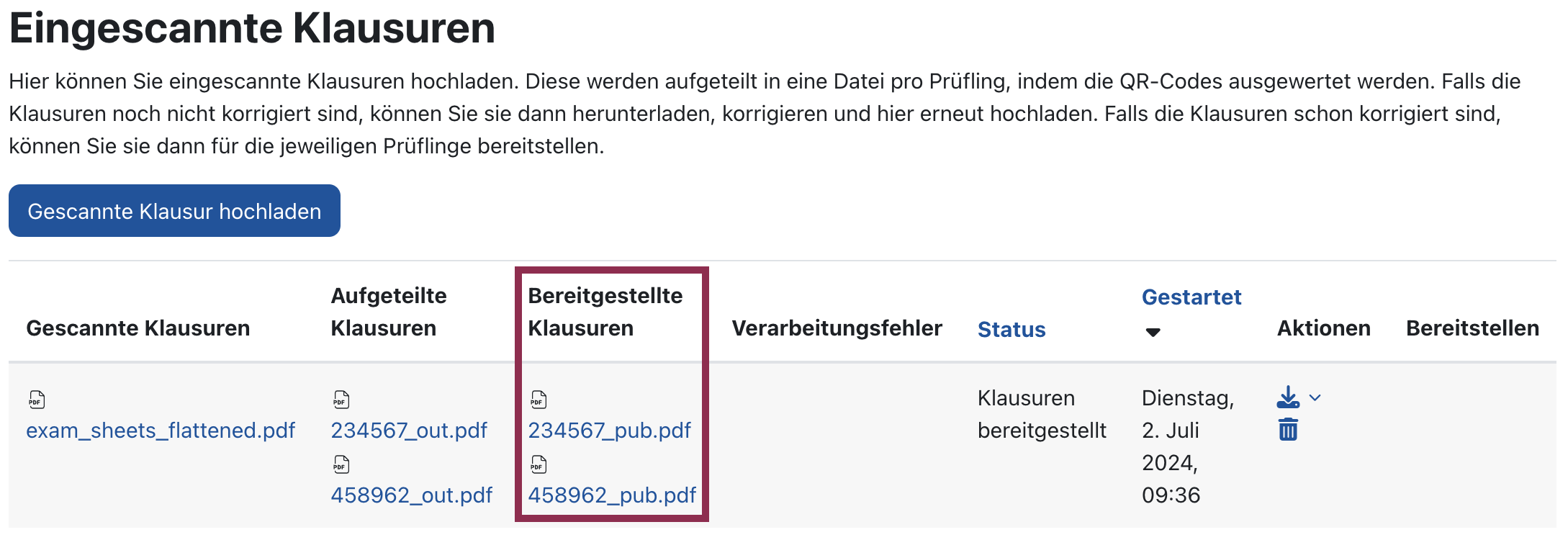 Screenshot der Abgabenliste mit der Spalte für Bereitgestellte Klausuren als dritter Spalte von links.