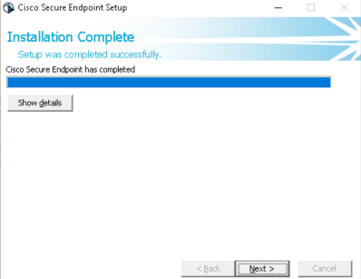 Das Bild zeigt ein Dialog-Fenster von Cisco Secure Endpoint mit de. Installationsfortschritt