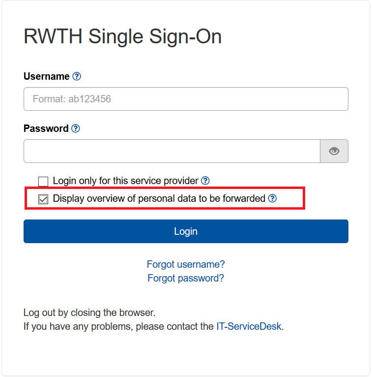 The picture shows the RWTH Single Sign-On mask The picture shows the RWTH Single Sign-On mask