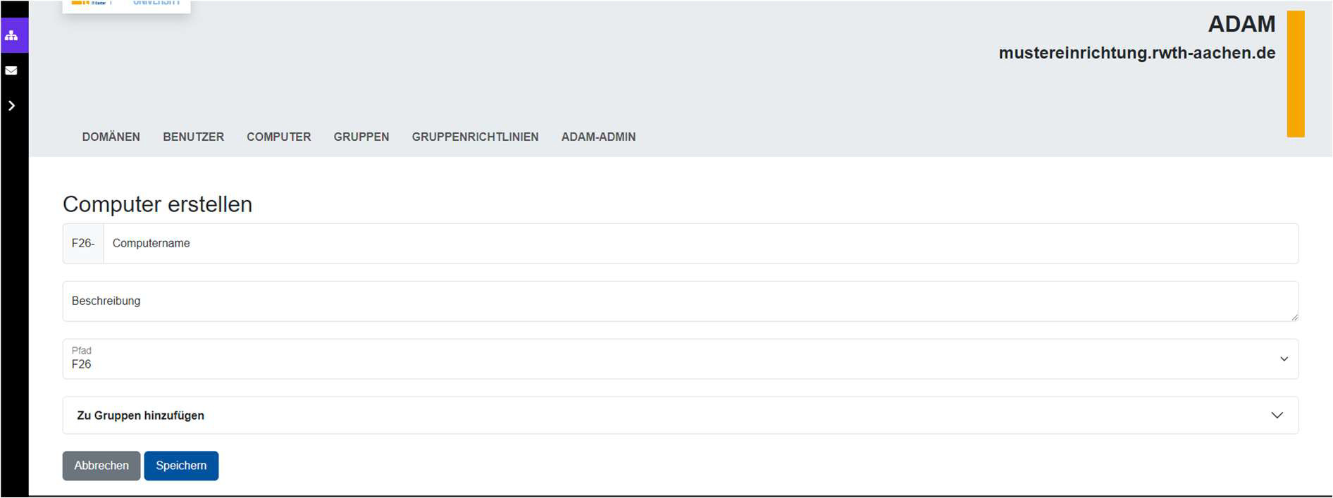 Screenshot of the page "Set up computer" in the Web-Frontend ADM. The fields on the page are described below.