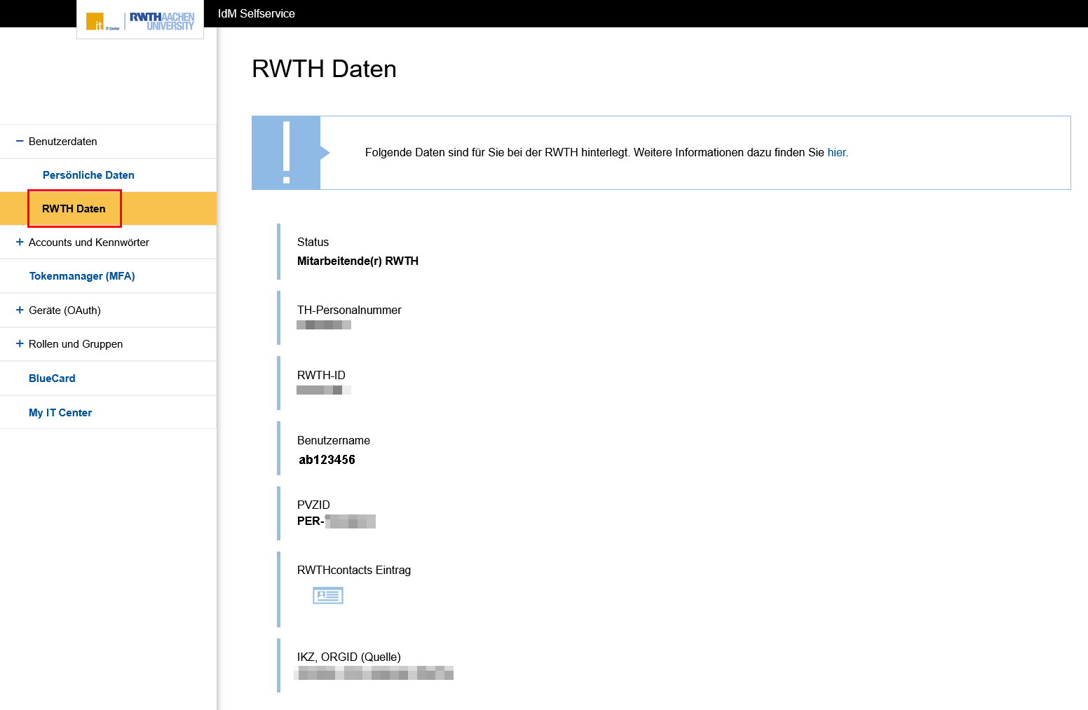 Screenshot der Seite "RWTH Daten". Die Seite wird unter "Benutzerdaten" im Menü aufgelistet. Die Elemente auf der Seite werden unten beschrieben.