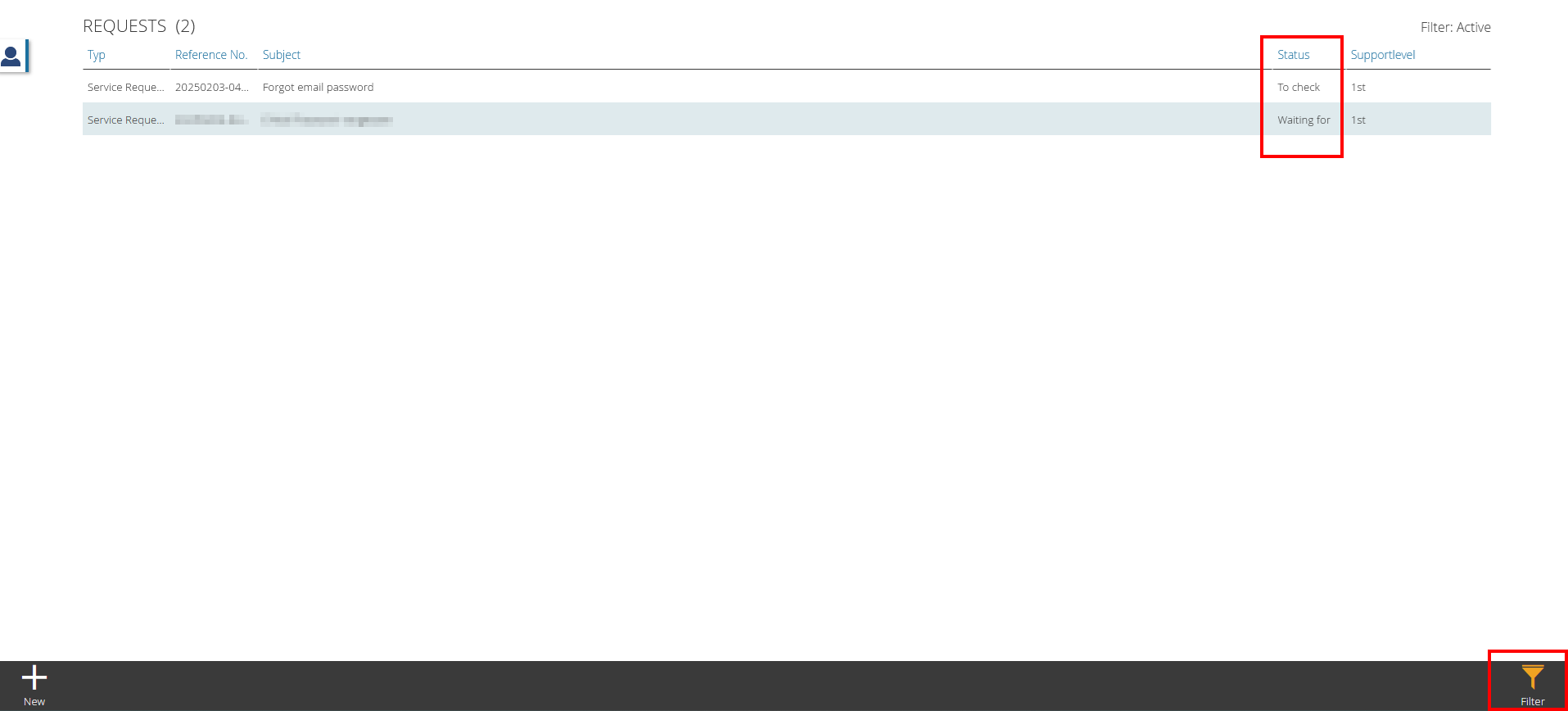 Screenshots of the requests. Your requests are listed in a table. "Status" is the fourth column. Below the table there are 2 buttons: New and Filter.