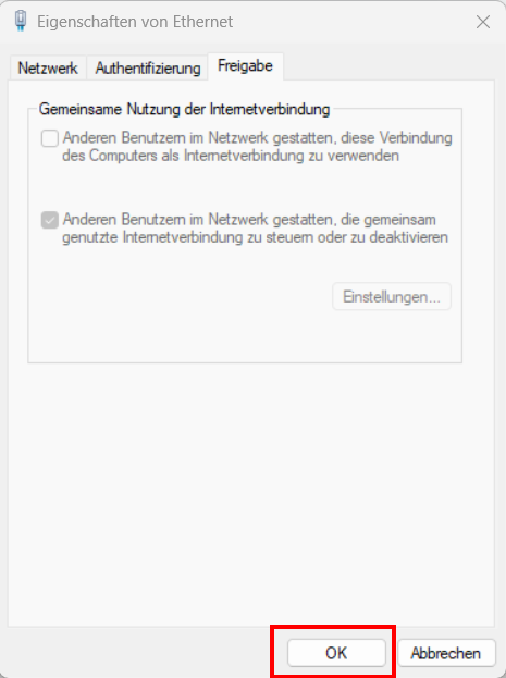 Screenshot des Fensters "Eigenschaften von Ethernet", Registerkarte "Freigabe". Im Bereich "Gemeinsame Nutzung der Internetverbindung" müssen keine Änderungen vorgenommen werden. Darunter befindet sich die Schaltfläche OK.