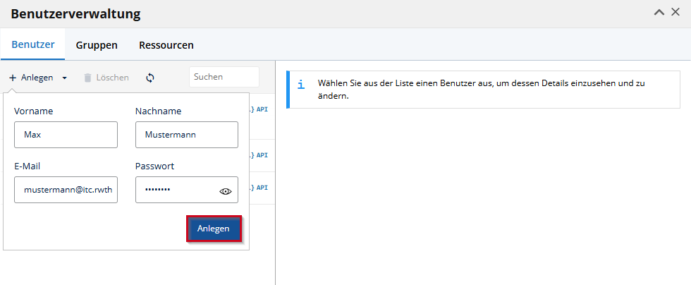 Über + Anlegen kann ein neuer Benutzer erstellt werden. Dafür werden Vorname, Nachname, E-Mail-Adresse und ein Initiales Passwort eingetragen.
