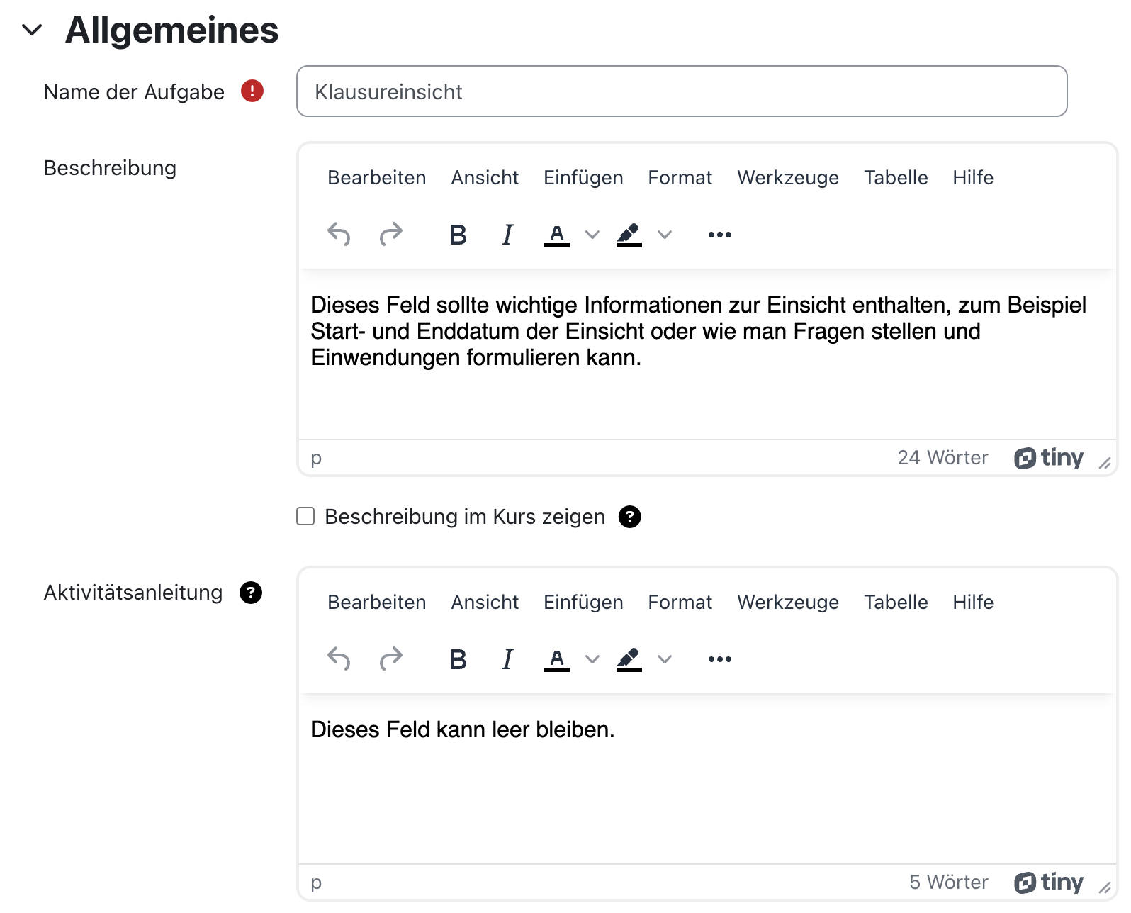 Screenshot der drei Optionen "Name der Aufgabe", "Beschreibungsfeld" und "Aktivitätsanleitung" mit Beispieleinträgen. Die Option "Beschreibung im Kurs anzeigen" ist abgewählt.