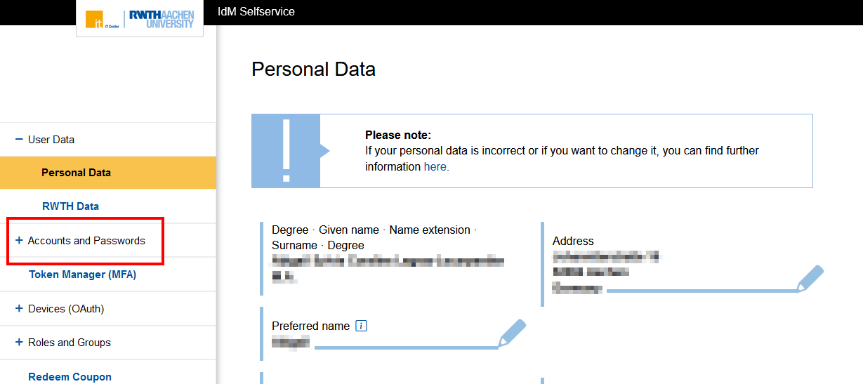 Screenshot of the IDM Selfservice start page. Accounts and passwords can be found in the menu between User data and Token Manager (MFA).