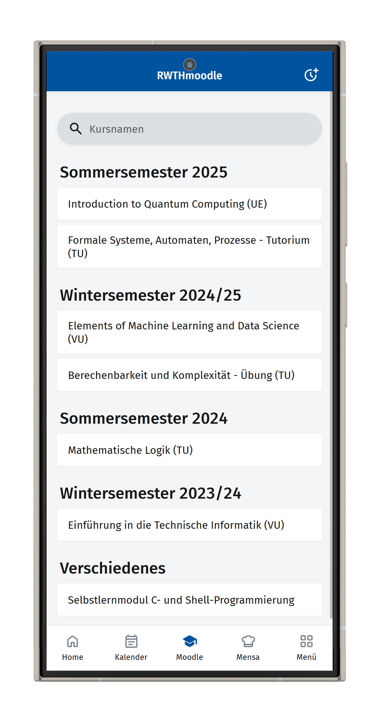Screenshot der Lernräume aus RWTHmoodle. Über der Auflistung der Lernräume befindet sich ein Suchfeld.