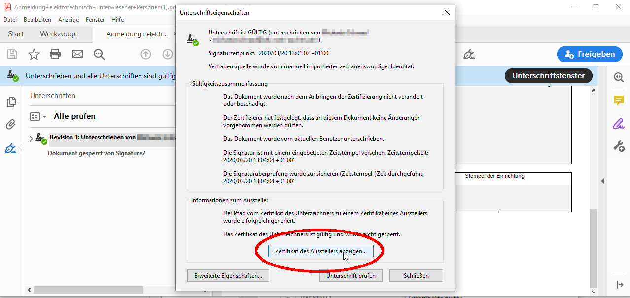 Nutzerzertifikat des Unterschreibendens anzeigen Nutzerzertifikat des Unterschreibendens anzeigen