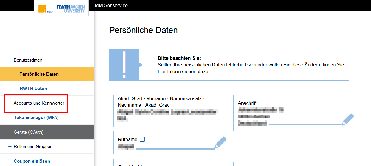 Screenshot der Startseite des IDM Selfservice. Accounts und Kennwörter finden Sie im Menü zwischen Benutzerdaten und Tokenmanager (MFA).