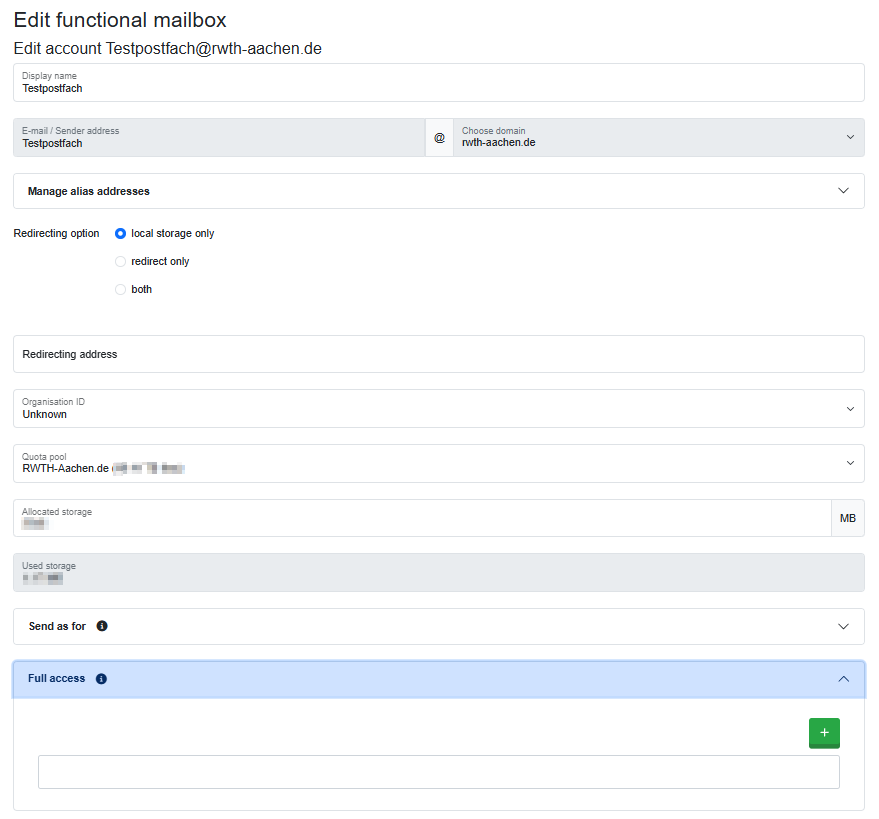 Confuguring full access via MailAdm A screenshot of the MailAdm interface. The image shows the editing view of a functional mailbox. The option 'Full Access' is expanded.