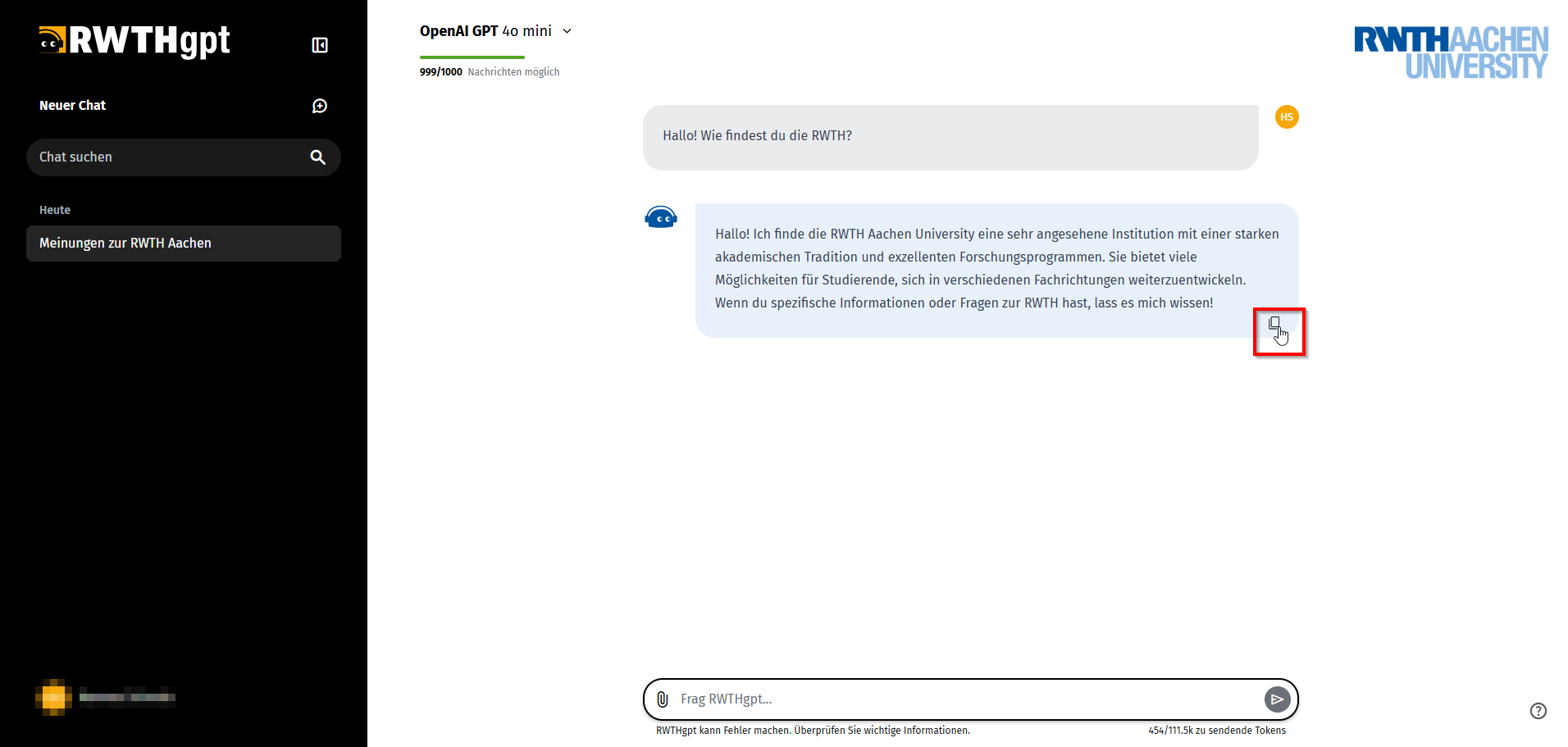Screenshot der RWTHgpt Benutzeroberfläche auf dem in der Chatantwort unten rechts das Kopieren-Symbol markiert ist.