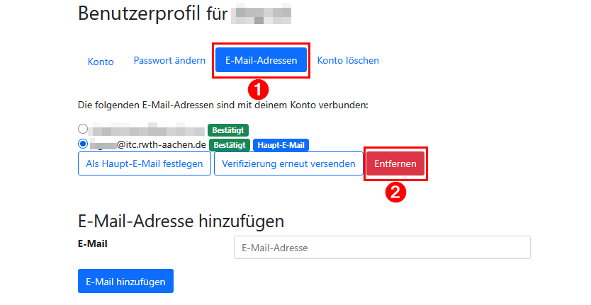 Screenshot des Reiters "E-Mail-Adressen".  Die verknüpften E-Mail-Adressen sind aufgelistet. Unter der Liste befindet sich die Schaltfläche "Entfernen". Sie ist die dritte von 3 Schaltflächen.