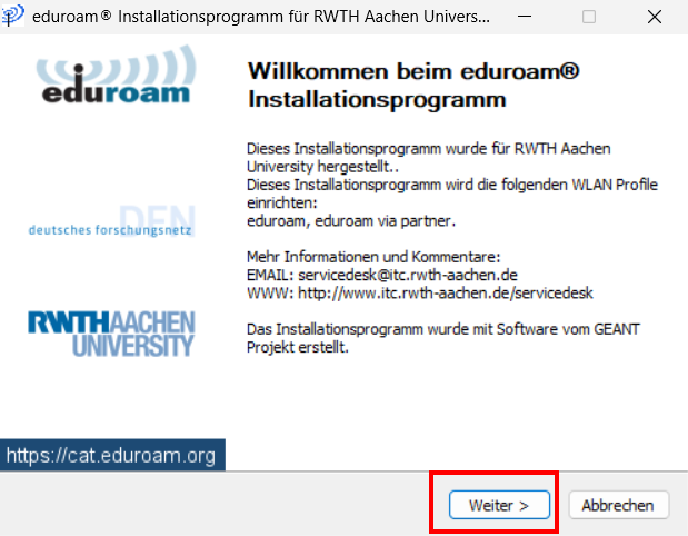 Screenshot des eduroam Installationsprogramms. Unter einem kurzen Text befindet sich die Schaltfläche "Weiter".