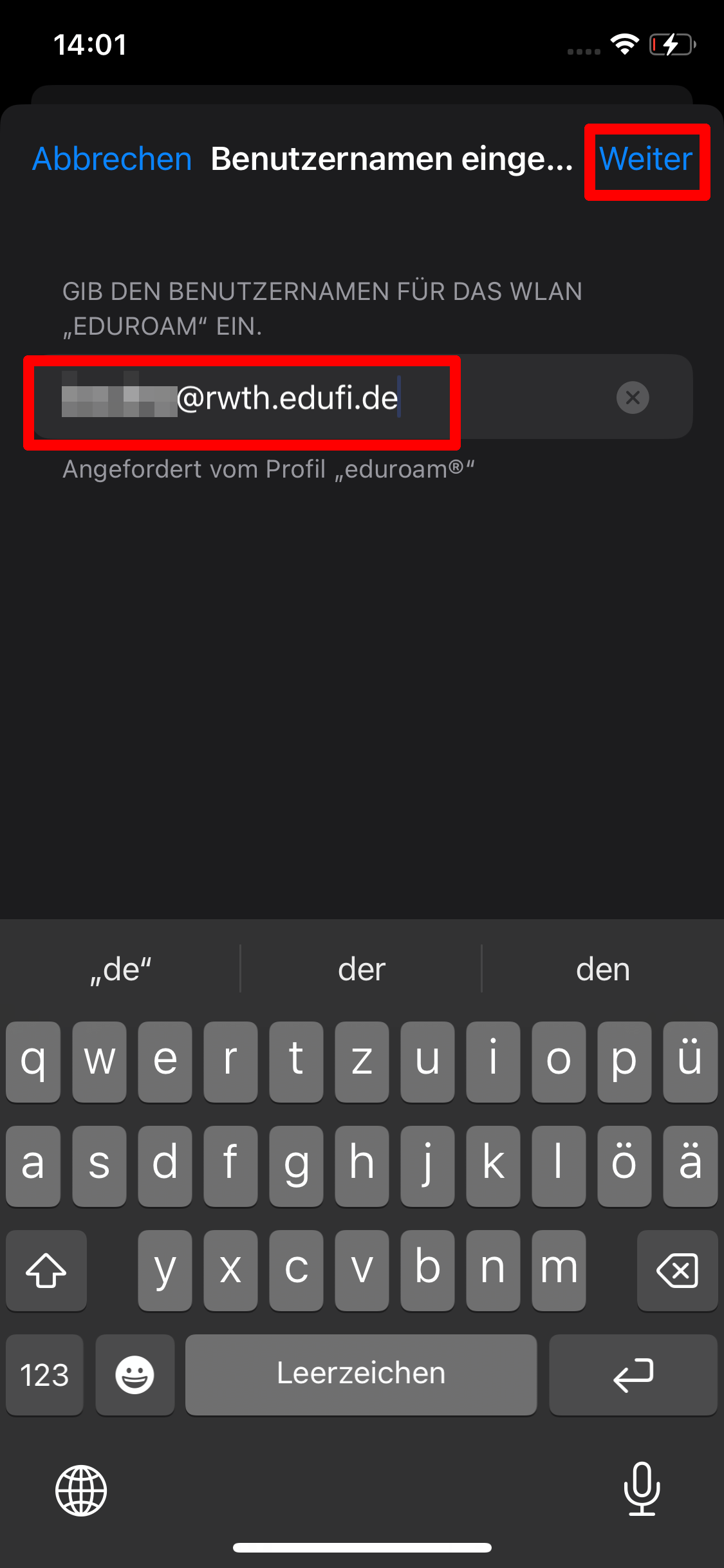 Screenshot der Seite "Benutzername eingeben". Unter "Gib den Benutzername für das WLAN eduroam ein" ist einen Textfeld für den Benutzername.