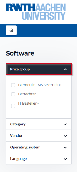 The screenshot shows the filter for the price groups. The word “Price Group” is highlighted in red.