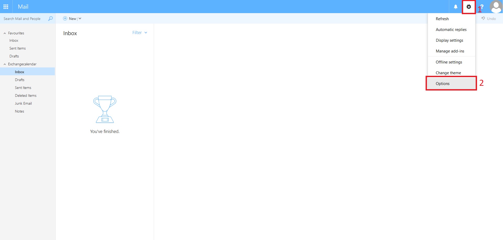 E-Mail > OWA Berechtigungen > 02_Optionen_en.jpg Screenshot of the navigation bar in the mailbox tab (displayed by default), which graphically shows the selection of options from step 2. The selection of the cogwheel icon is located at the top right next to the avatar / profile icon. Options is the lowest option after clicking on the cogwheel icon.