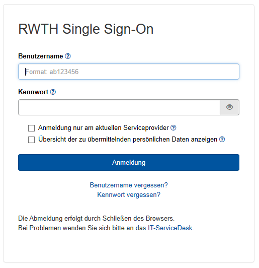 Das Bild zeigt die RWTH Single Sign-On Anmeldemaske