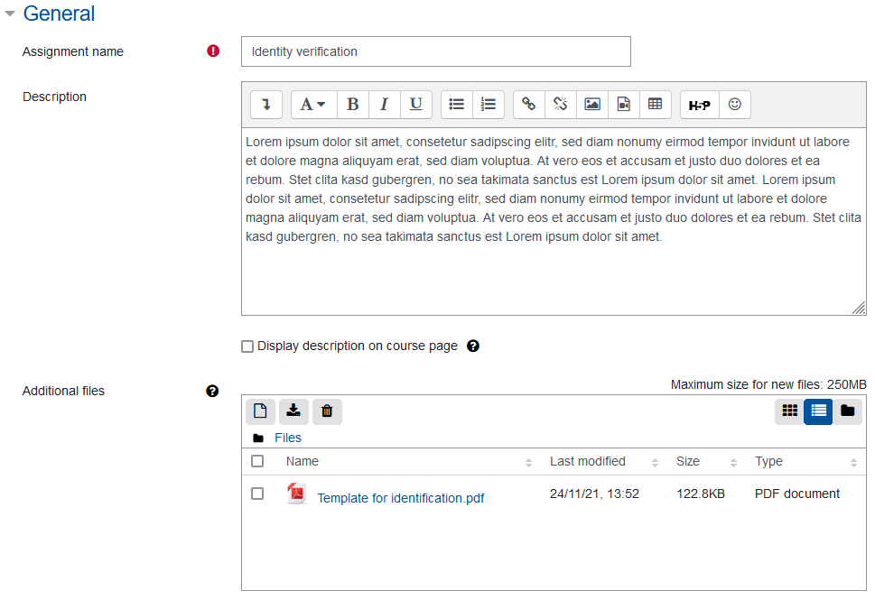 Assignment general settings Screenshot Assignment settings, category "General"