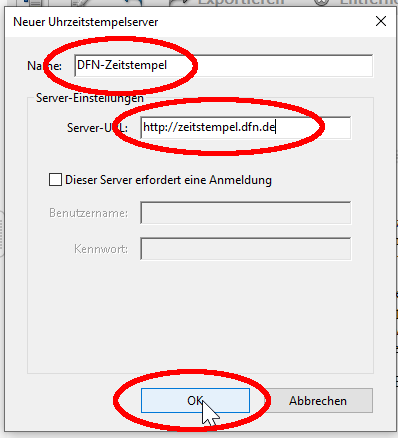 Neuen Uhrzeitstempelserver definieren Neuen Uhrzeitstempelserver definieren