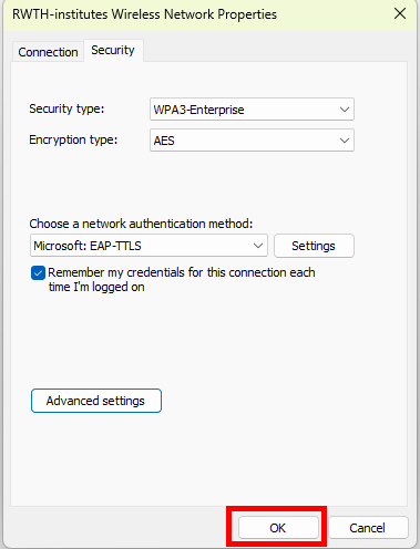 Screenshot of the "Security" tab. The "OK" button is located under "Advanced settings."