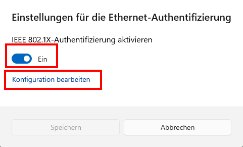 Screenshot des Popup-Fensters "Einstellungen für die Ethernet-Authentifizierung". Unter "IEEE 802.1X Authentifizierung aktivieren" befinden sich die in Schritt 6 und 7 beschriebenen Elemente.