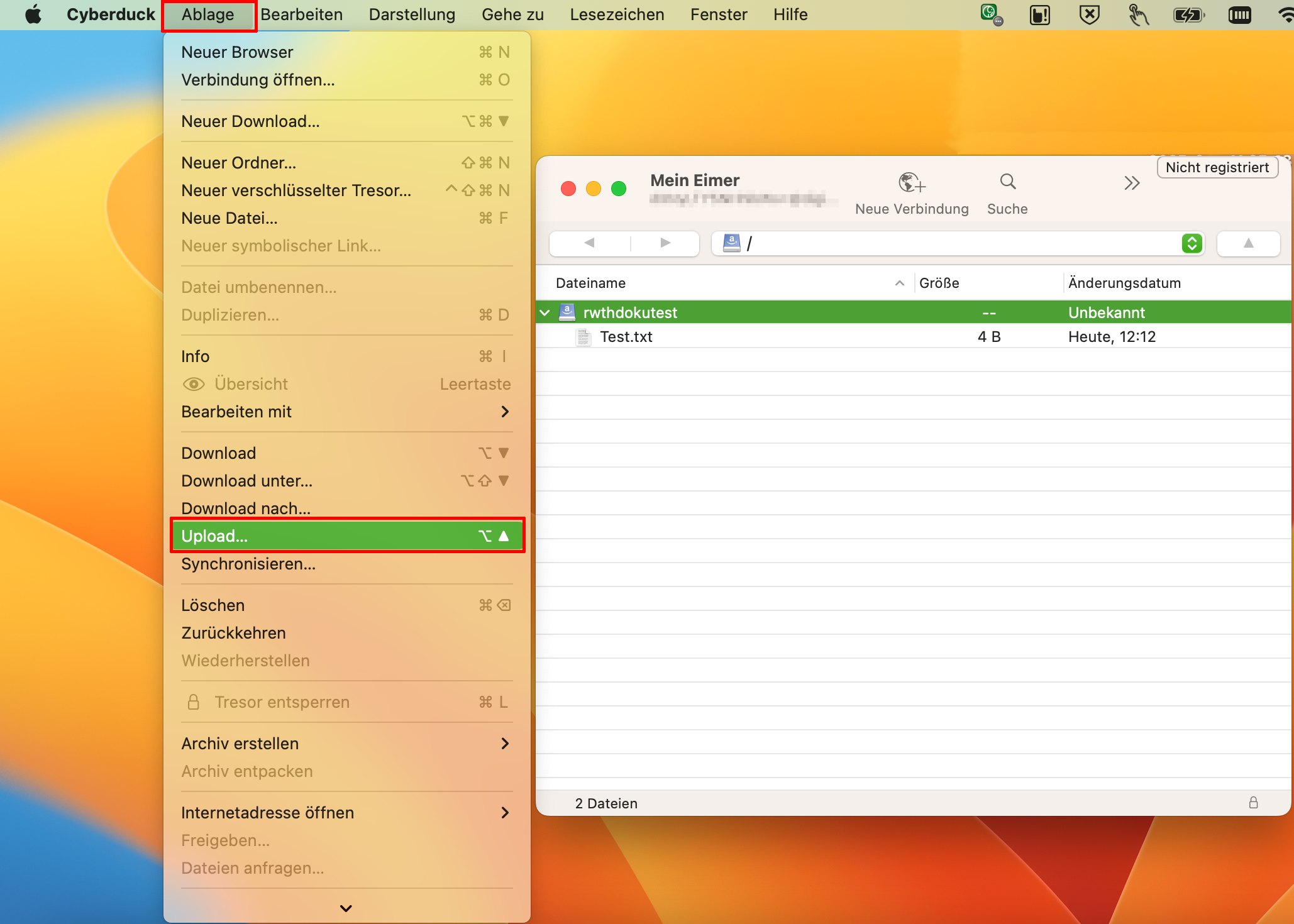 Die Ansicht vom Bucket in Cyberduck ist weiterhin offen. Oben im Menü wird dann der Menüpunkt Ablage ausgewählt um das Ablage Menü zu öffnen. Im Ablagemenü wird Upload ausgewählt. Die Ansicht vom Bucket in Cyberduck ist weiterhin offen. Oben im Menü wird dann der Menüpunkt Ablage ausgewählt um das Ablage Menü zu öffnen. Im Ablagemenü wird Upload ausgewählt.