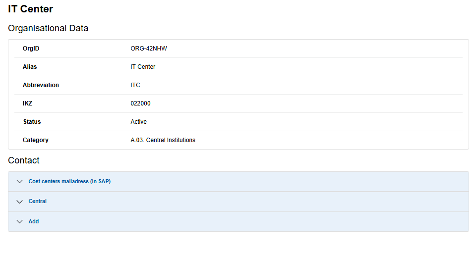 Screenshot of the detailed view of an organization, in this case the IT Center. Information about the organization is listed under the heading “Organizational Data”. Under “Contact” there are 3 fold-out menus: “Cost centers mailadress (in SAP), ”Central“ and ”Add".