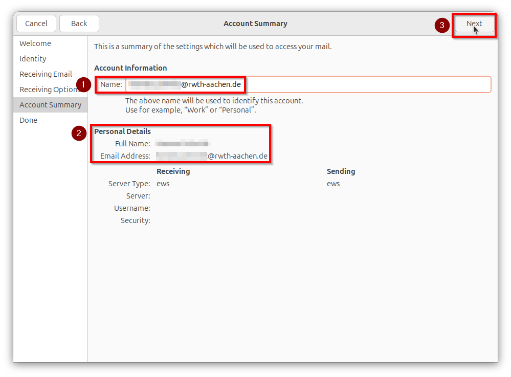 Screenshot of the ‘Account summary’ window in which the ‘Name’ and ‘Personal details’ fields are marked in the centre and the ‘Next’ button is marked at the top right.