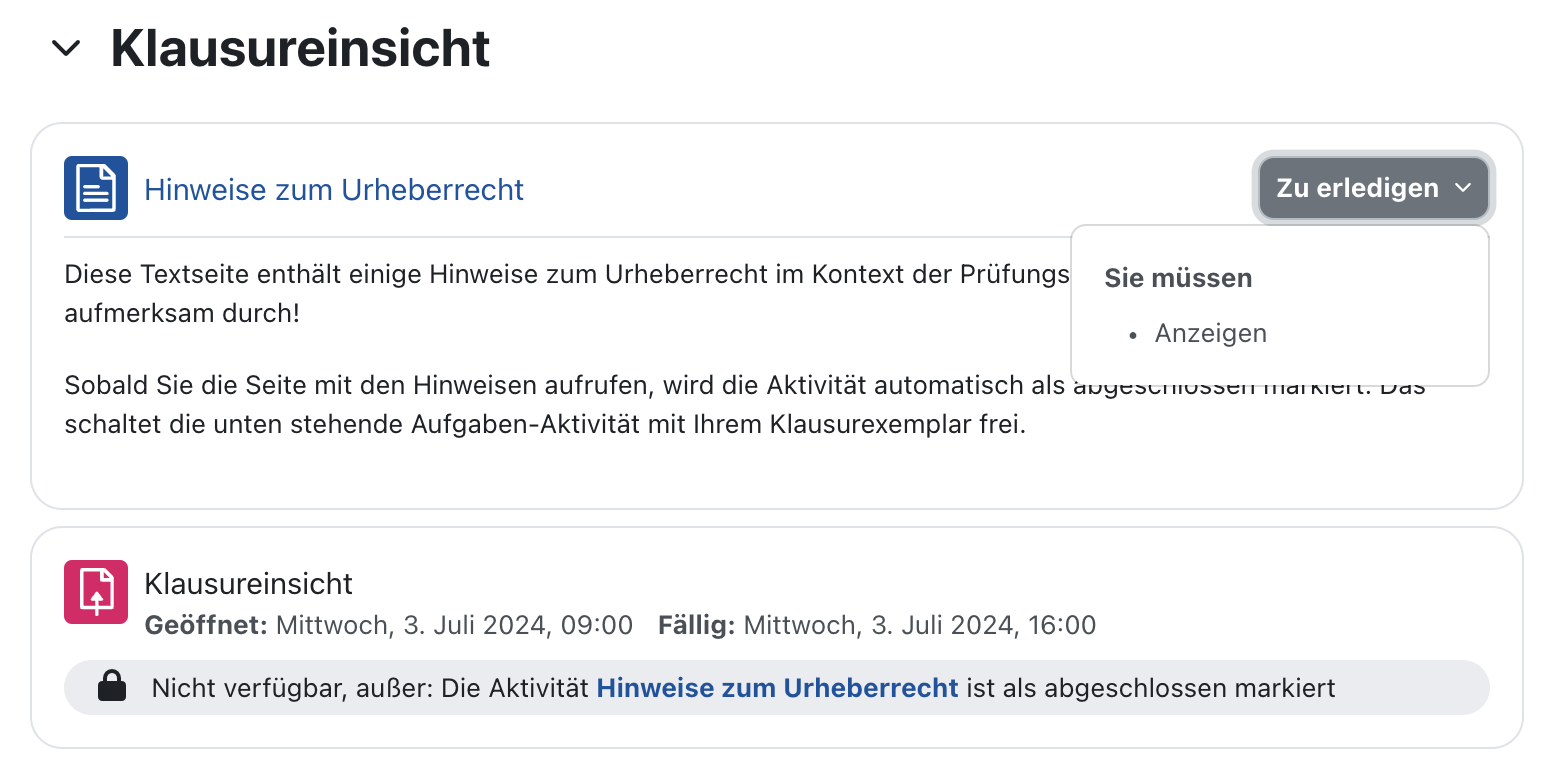 Screenshot der Kursseite aus Studierendensicht vor Start der Einsicht. Der Kursabschnitt und die beiden Aktivitäten sowie die Voraussetzungen sind sichtbar. Die Textseite ist ein klickbarer Link, rechts daneben erscheint die Abschlussbedingung. Der Link zur Aufgabe ist nicht klickbar. Als Voraussetzung wird genannt, dass die Textseite abgeschlossen sein muss. Öffnungs- und Schließungszeit für Abgaben werden angezeigt.