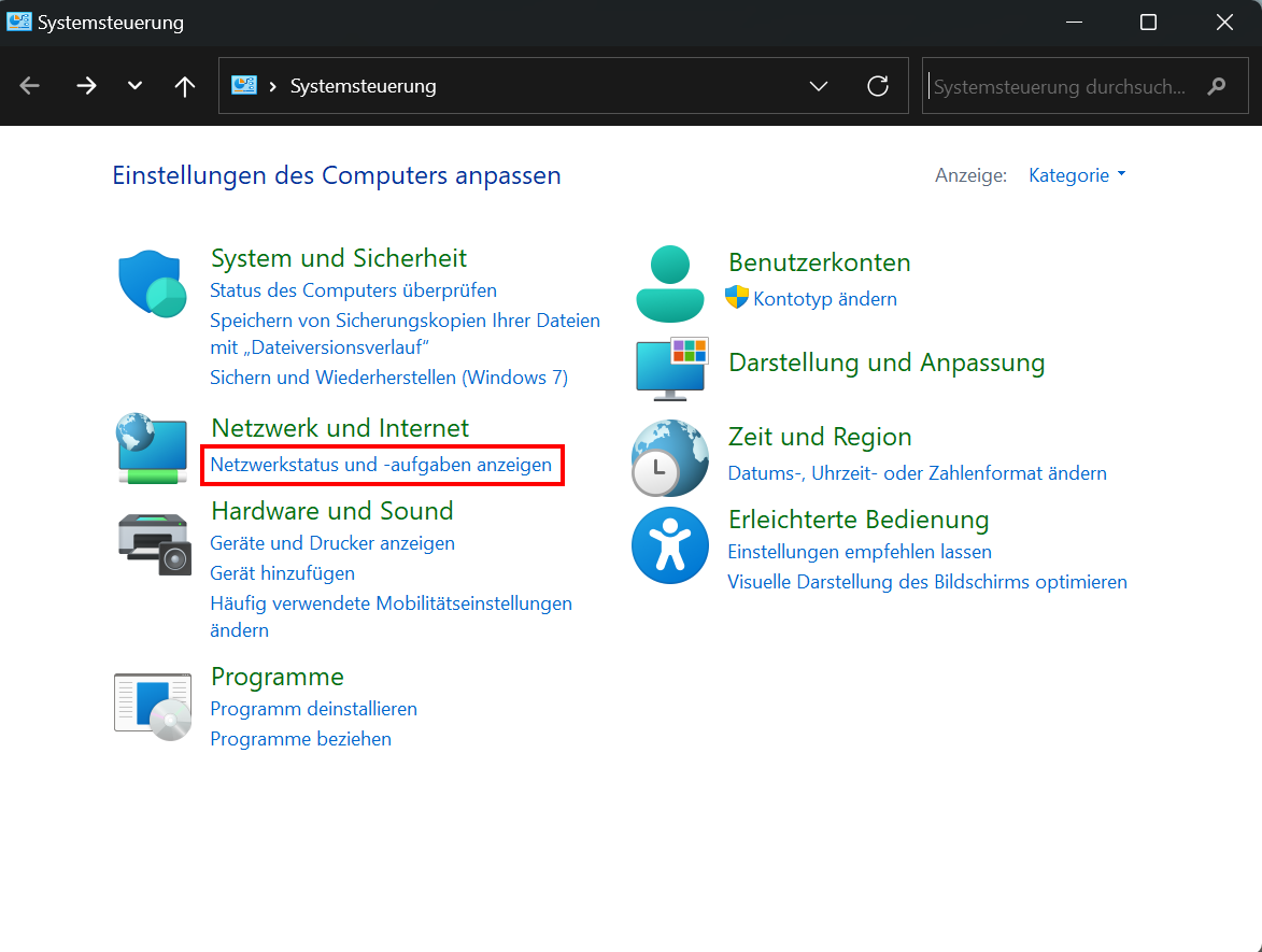Screenshot der Systemsteuerung. Der Bereich "Netzwerk und Internet" befindet sich zwischen den Bereichen "System und Sicherheit" und "Hardware und Sound".