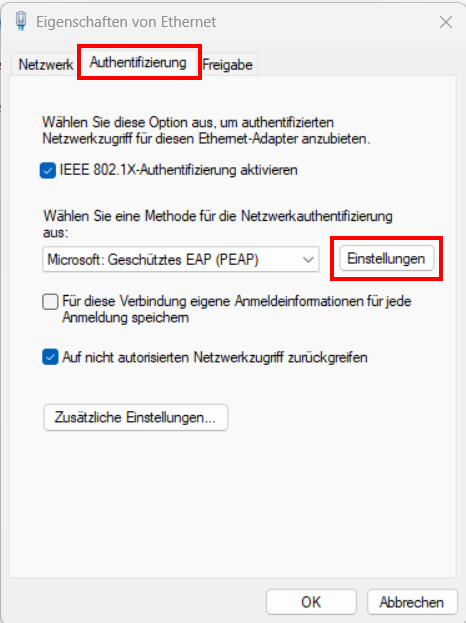 Screenshot der Eigenschaften von Ethernet. Sie befinden sich auf der Registerkarte "Authentifizierung". Die erforderlichen Einstellungen sind in den Schritten 7 bis 9 aufgelistet.
