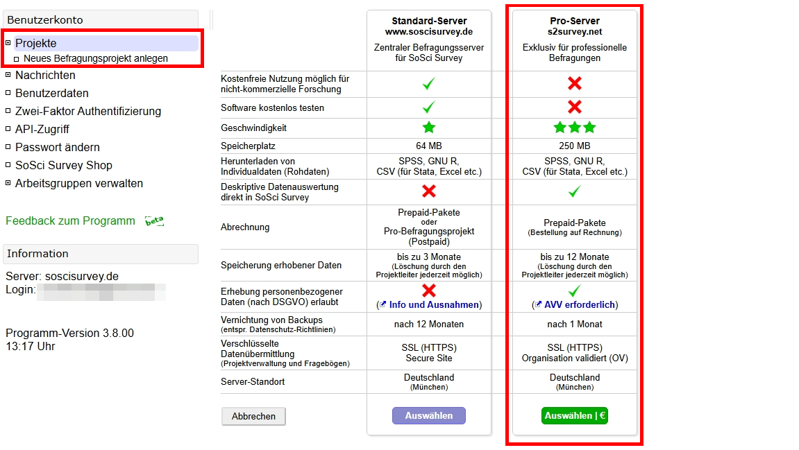 Screenshot der Seite "Neue Befragungsprojekt anlegen". In einer Tabelle werden die Eigenschaften des Standard-Servers und des Pro-Servers aufgelistet. Die Schaltfläche "Auswählen" wird für jeden Server am Ende der Tabelle angezeigt, nach der Angabe des Server-Standorts.