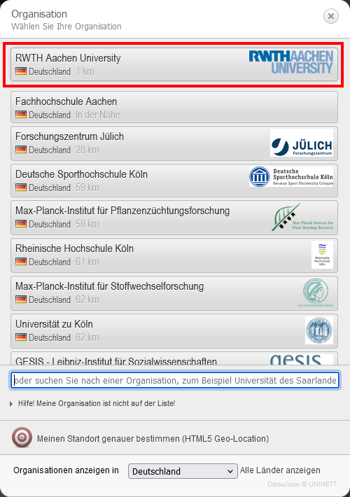 Screenshot der CAT-Website. Unter "Organisation" sind die Einrichtungen nach Entfernung aufgelistet.