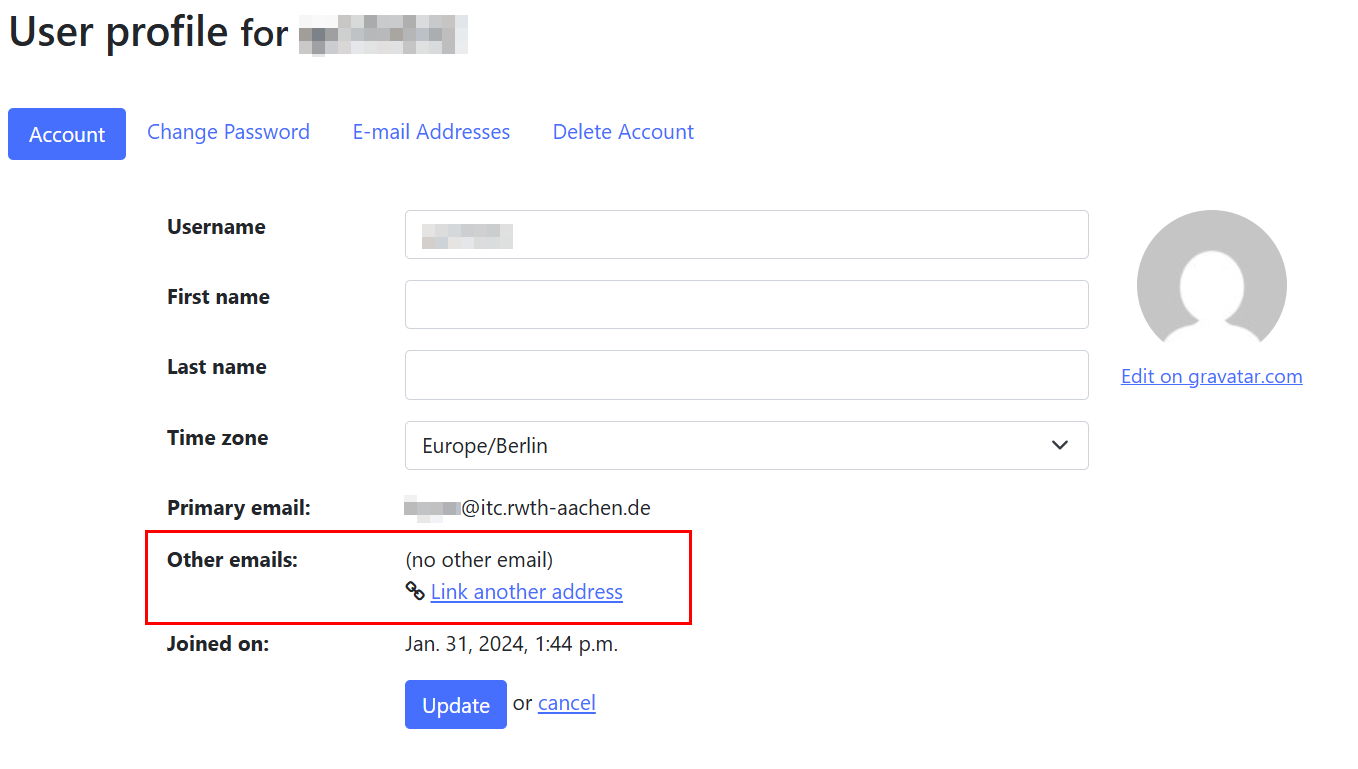 Screenshot of the "User profile for [username]" page in the "Account" tab. "Other emails" is located between "Primary email" and "Joined on."