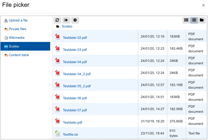 Screenshot: "File picker" dialogue with a list of files in a Sciebo folder. The list contains a number of PDF documents and one text file. For every file in the list the name, the upload date and time, the size, and the file type are shown.