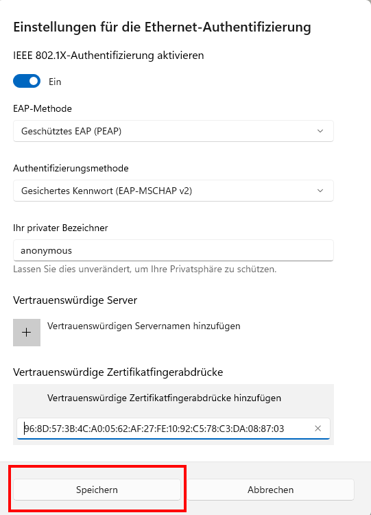 Screenshot des Fensters "Einstellungen für die Ethernet-Authentifizierung".Die Einstellungen werden in Schritt 8 beschrieben.