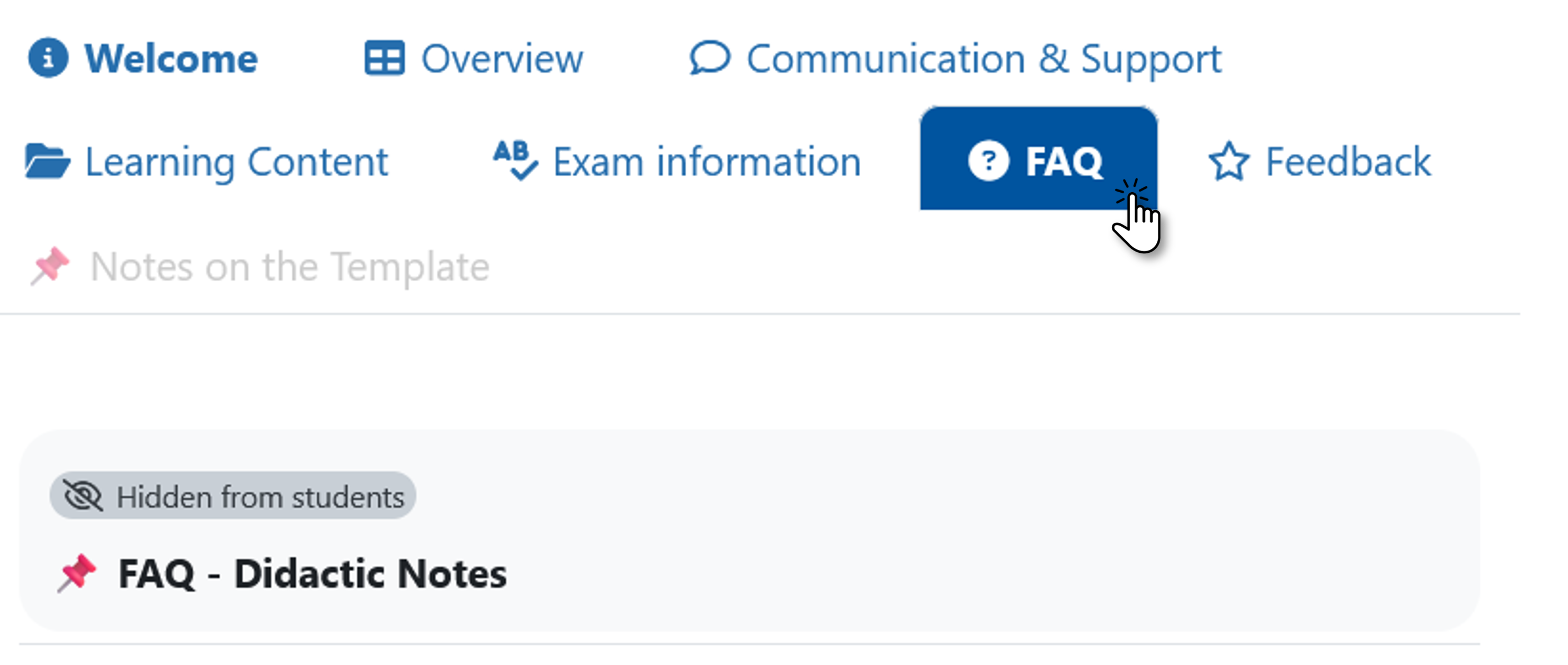 Screenshot of a Moodle course using the OneTopic format, with tabs for the individual course sections. The “FAQ” tab is selected.