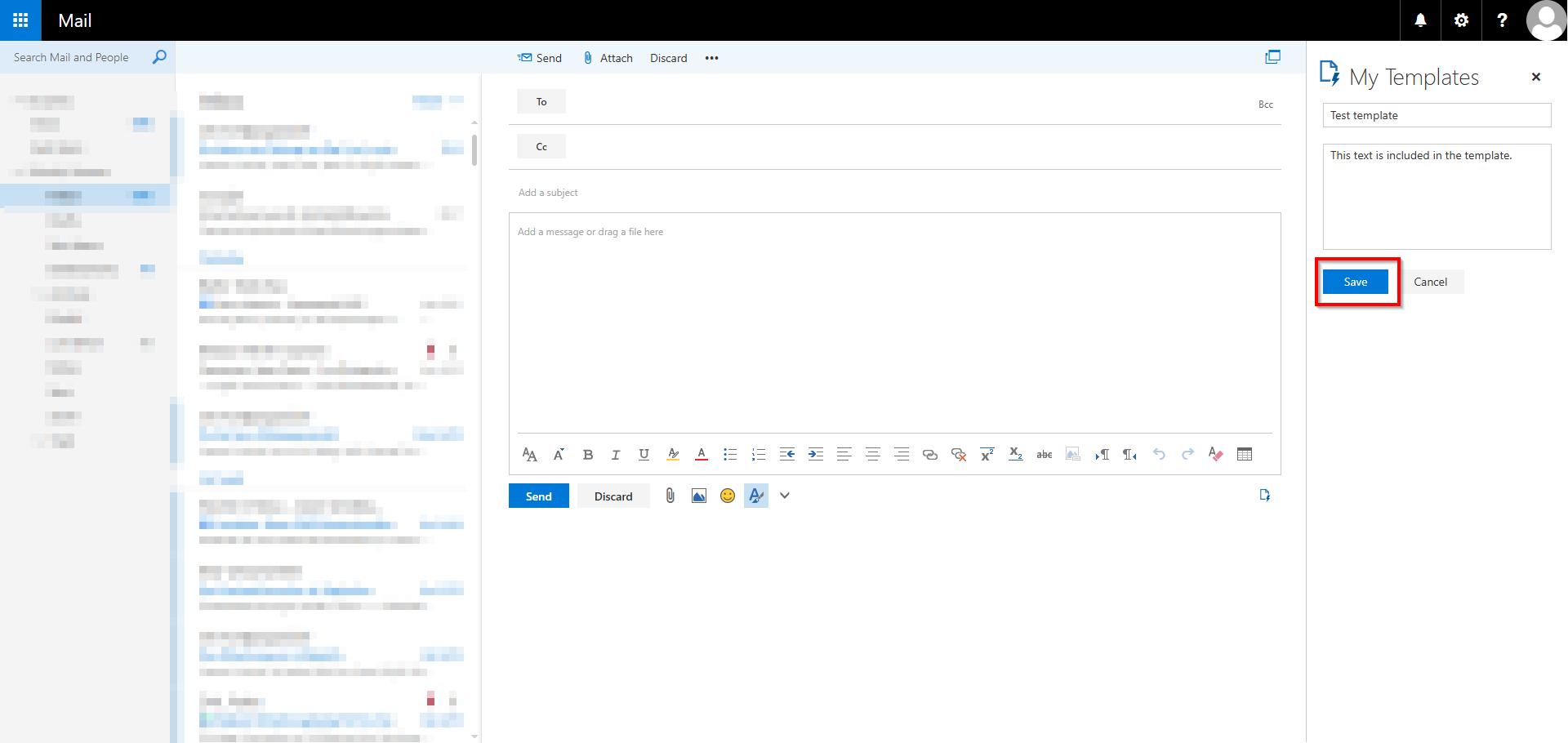 Screenshot of the RWTH Mail app showing the “Save” button highlighted below the input fields for a template.
