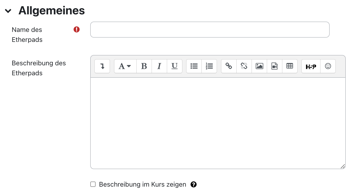 Abschnitt Allgemeines Einstellungen von Etherpad