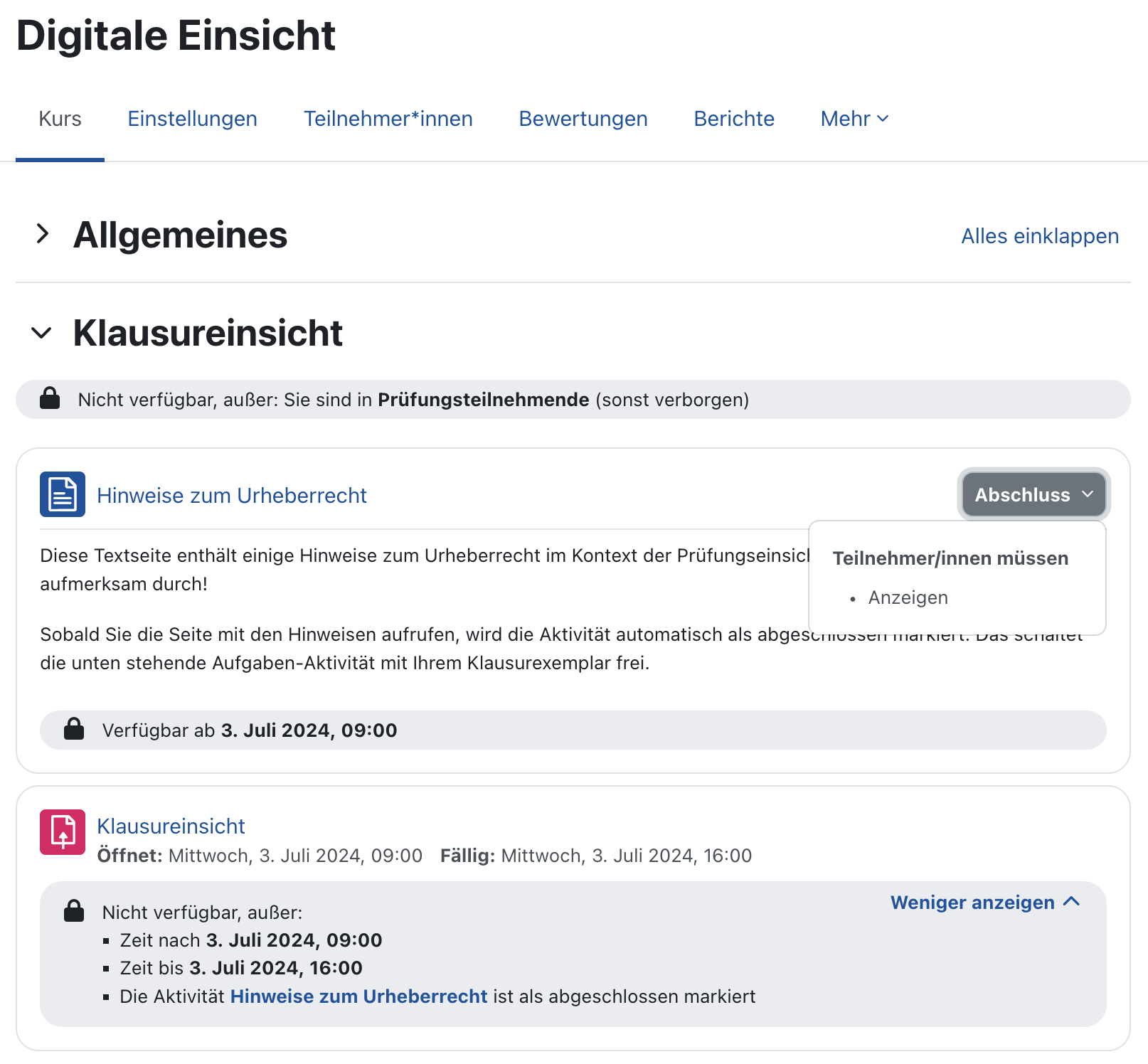 Screenshot der Kursseite aus Sicht von Manager*innen. Die Kursseite ist nicht im Bearbeitungsmodus. Man sieht den Kursabschnitt mit Textseite und Aufgabe sowie die eingestellten Voraussetzungen und Aktivitätsabschlüsse.