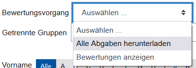Screenshot: Dropdown-Liste "Bewertungsvorgang". Man kann "Alle Abgaben herunterladen" oder "Bewertungen anzeigen" auswählen.