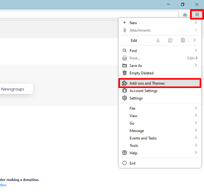 Open Add-ons and Themes Screenshot of the navigation bar in Thunderbird, which graphically displays the selection of options from step 1. The button with three lines is located at the top right-hand edge.
