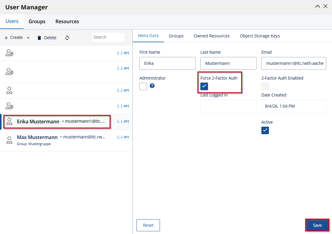 In the Metadata tab, the Enforce 2-factor auth” option is enabled. This requires the user to set up two-factor authentication the next time they log in.