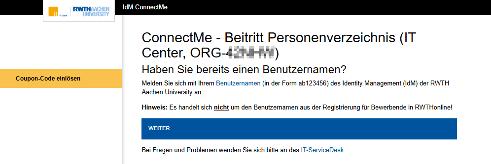 Ein Screenshot der ConnectMe-Seite. Die Seite enthält die Anweisung, sich mit dem Benutzernamen in der Form ab123456 anzumelden. Unter dem Text befindet sich der Button Weiter.